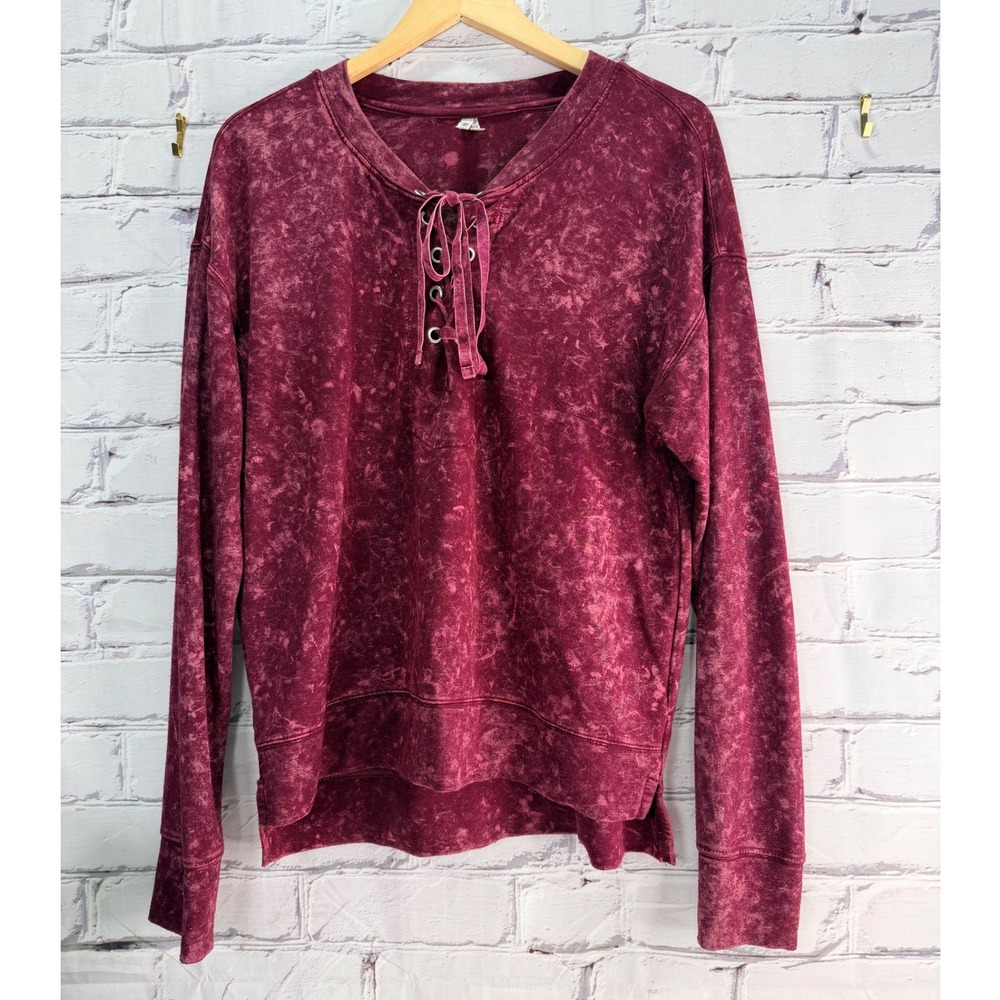 Mudd Top Womens Large Burgundy Acid Wash Lace Up Neck Grunge Boho Top Pullover - Picture 7 of 7